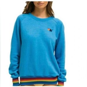 Aviator Nation Rainbow Rib Crewneck Sweatshirt in Sky blue with rainbow trim